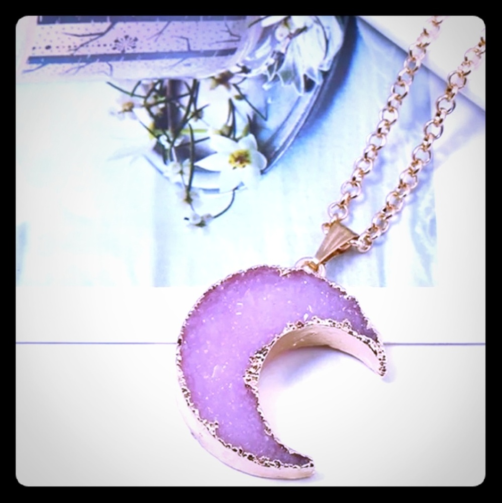 Gold Plated Pink Crescent Moon Necklace